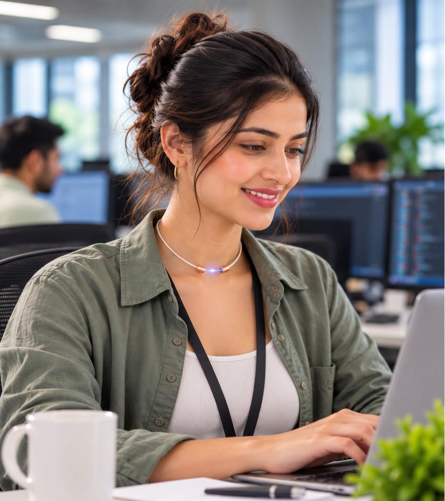 Woman at a laptop wearing the Make My Health Necklace
